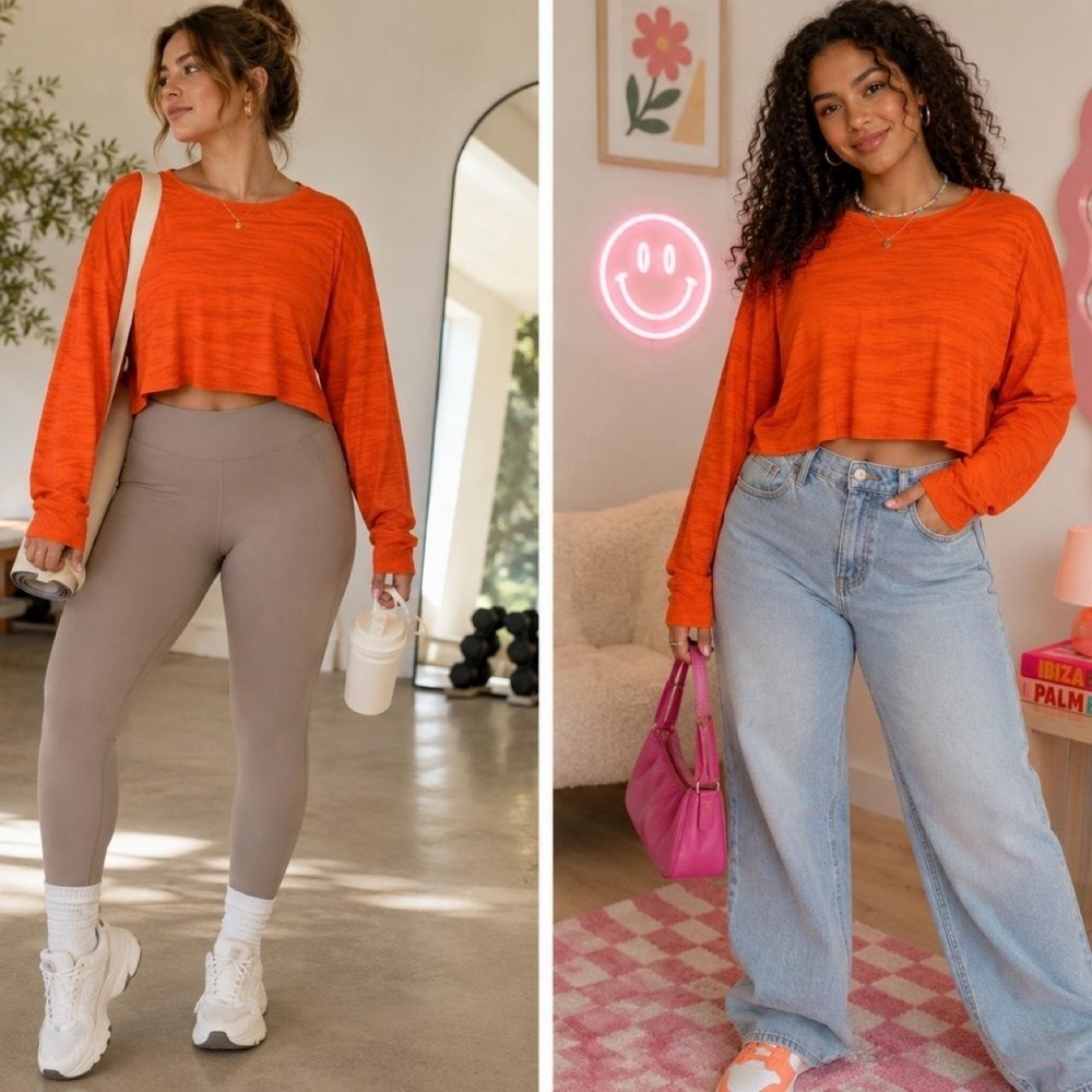 Lululemon Orange Crop Long Sleeve Top Tiger Jacquard XL * Athleisure Gym Pilates